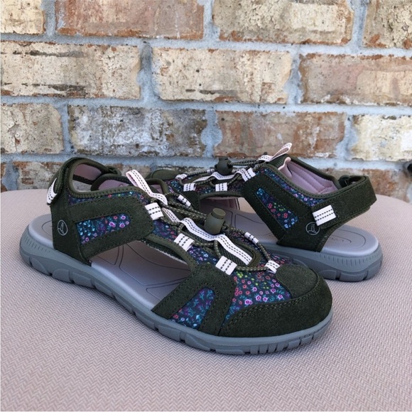 Lands End Suede Fabric Floral Green Bungee Cord Close Toe Women Sport Sandal 9B - Picture 2 of 14